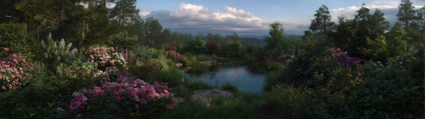 Obraz premium Tranquil reflection by a blooming pond nature landscape serene evening panoramic view
