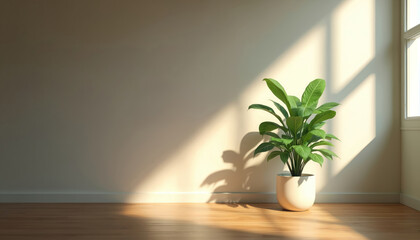 Minimalist room features potted jade plant bathed in sunlight. Natural light streams through window casting geometric shadows on wall. Copy space available for design elements, emphasizing home