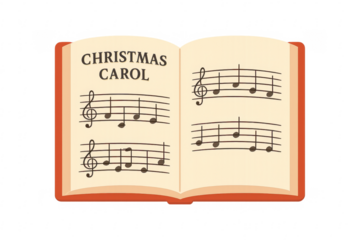 Open christmas carol songbook showing musical notes on transparent background