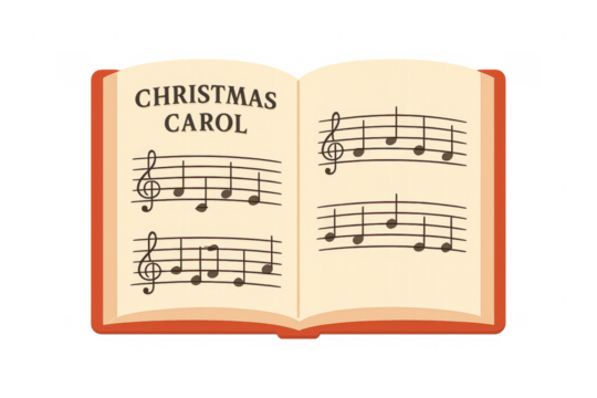 Open christmas carol songbook showing musical notes on transparent background