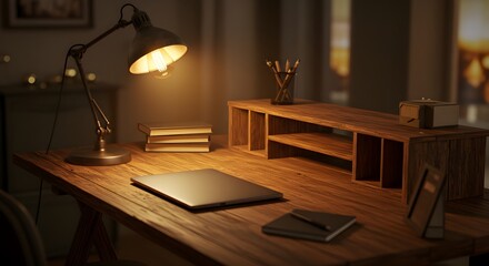 Cozy home office desk with laptop, books, and warm lamp light creates inspiring workspace ambiance