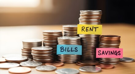 Organize your finances with stacks of coins labeled rent bills and savings