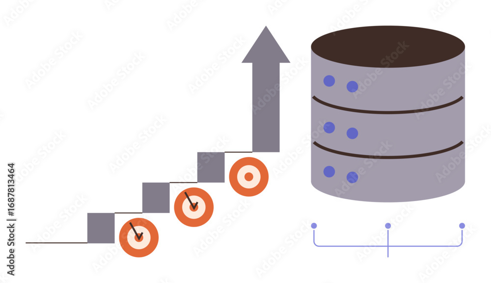 Poster arrow ascending over steps with targets leads to database stack, suggesting progress, goals, and dat