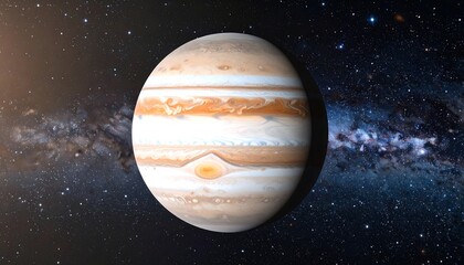 A vibrant image of Jupiter in space, with swirling clouds and the Milky Way