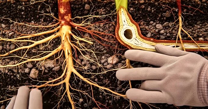 Plant roots detailed cross section with hand in soil, roots anatomy and growth, learning botany