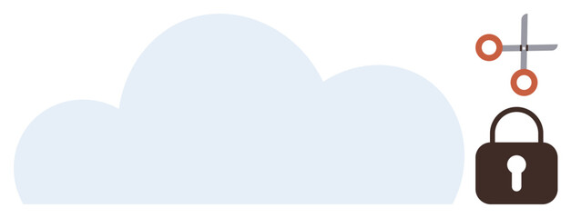 Big cloud icon with scissors and padlock symbolizing storage, file editing, and privacy. Ideal for data security, cloud computing, restriction, cybersecurity, privacy, document control simple flat