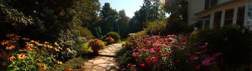 Stunning garden pathway residential area photography summer wide-angle tranquil nature scene