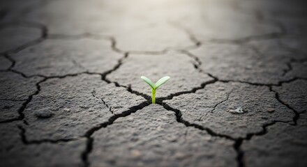 Obraz premium Tiny green sprout bravely pushing through dry cracked earth, symbolizing hope and resilience against adversity