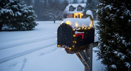 Cozy winter snow falls softly on a festive mailbox adorned with twinkling lights near a warm home