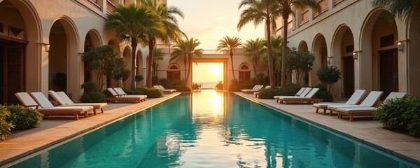 Luxurious resort hotel courtyard features long swimming pool reflecting sunset. Modern architecture with arcades, palm trees, lounge chairs creates serene vacation ambiance. Ideal for travel tourism,