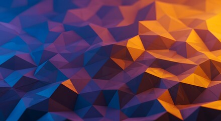 Obraz premium A futuristic digital landscape made of crystalline geometric shapes, bathed in the vibrant, contrasting glow of blue and orange light