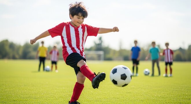 A child in a red and white striped jersey kicks a soccer ball on a green field with other children blurred in the background