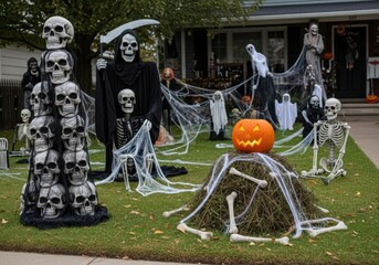 Spooky halloween decorations adorn a suburban house lawn with skeletons, ghosts, and a grim reaper