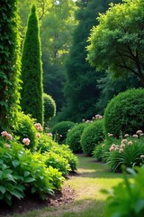 Lush green background planting of various shrubs and foliage, ideal for landscaping and garden design projects Provides a vibrant and natural backdrop , botany, hedge, growth