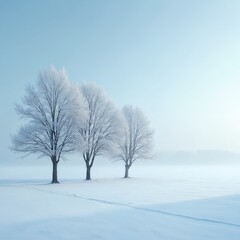 Three frosted trees stand in clear blue sky over snowy field. Tranquil winter scene evokes peace, purity with minimalist style. Snowfall covered landscape, creating sparkling, icy, crystal-like