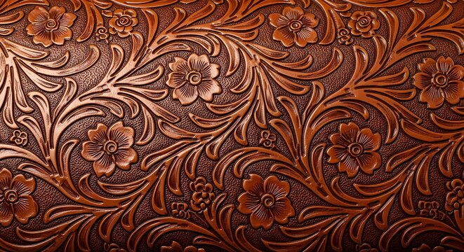 Intricate embossed floral leather pattern evokes rustic elegance and artisanal craftsmanship