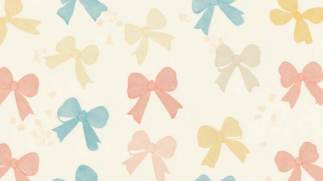 Pastel colored bow pattern with heart accents on light background