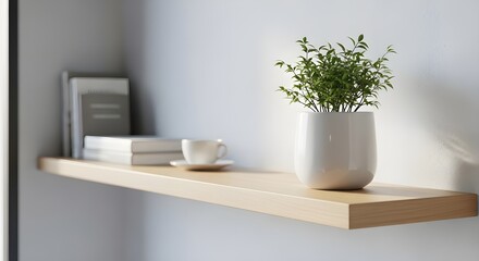 Serene modern shelf with books, coffee cup, and lush green plant brings calm to any space.