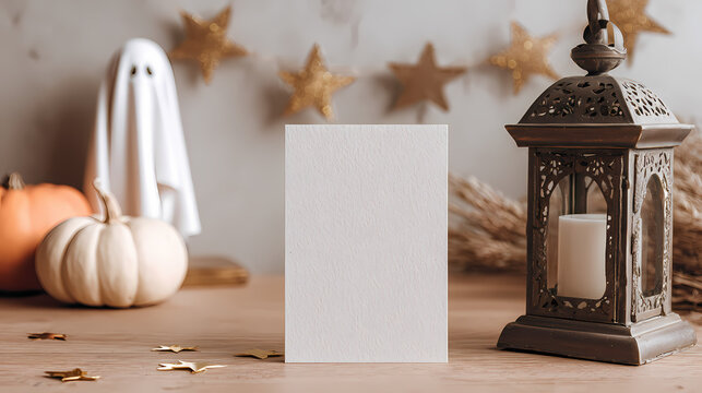 Halloween decoration, spooky table setting, autumnal festive scene, ghost, pumpkins, lantern