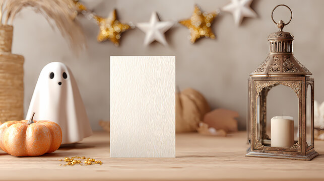 Halloween decoration, ghost, pumpkins, lantern, festive table setting