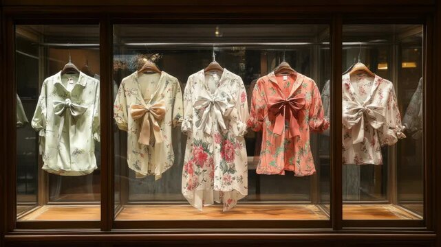 Elegant floral blouses displayed in a boutique window with stylish bows