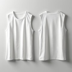 Naklejka premium Two white sleeveless shirts, front, back views, presented as blank mockup template. Ideal for apparel design, activewear, casual gym attire. Versatile garment mockup perfect for branding,