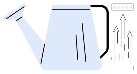 Watering can symbolizes nurturing and growth, arrows represent upward progress. Ideal for business development, success, investment, self-improvement, education, productivity motivation. Simple flat