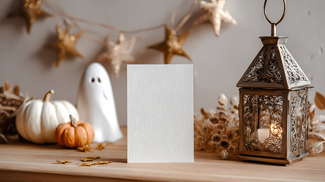 Halloween decorations, autumnal table setting, ghost, pumpkins, lantern, seasonal display