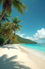 Obraz premium Palm tree-lined beach features turquoise waters, white sand shore. Lush green hillside meets crystal clear ocean waves. Shadows from palm fronds create natural patterns on the bright beach sand.
