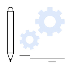 Pen and gears suggest collaboration, problem-solving, and productivity. Ideal for creativity, innovation, productivity, design thinking, workflow processes engineering and strategy. A simple flat