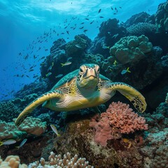 Obraz premium Majestic Sea Turtle Swimming Over Vibrant Coral Reef in Clear Blue Ocean, Underwater Marine Wildlife Photography
