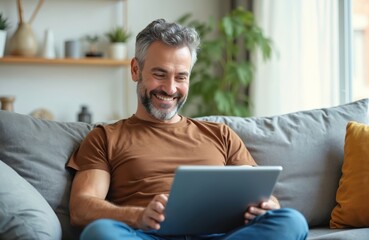 Smiling middle-aged man with grey hair uses digital tablet while relaxing on a comfortable sofa at home. Freelancer works remotely, enjoying leisure time with technology. Modern home office setup.