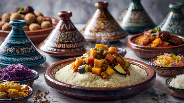 Moroccan food and traditional tagines on table