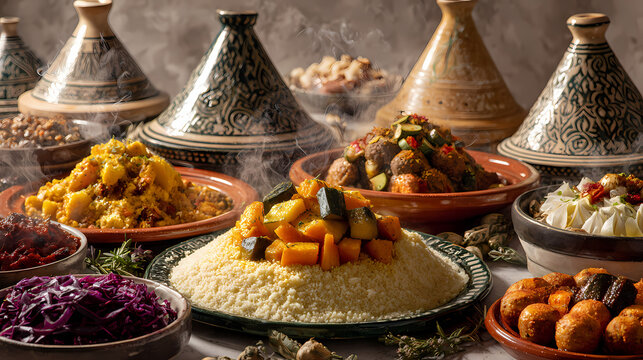 Variety of traditional Moroccan dishes with tagines and couscous
