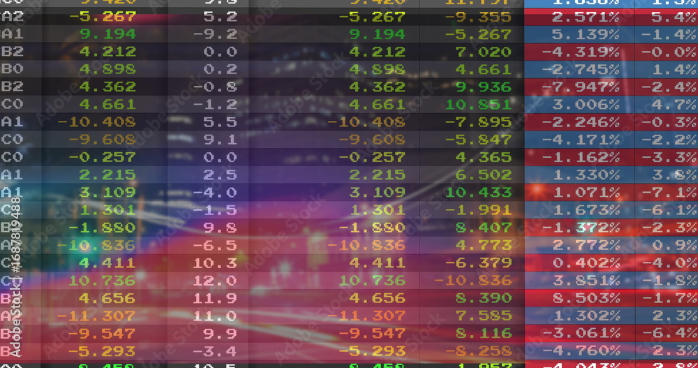 Poster displaying transparent financial grid on trading-room screen, showing color-coded codes and values