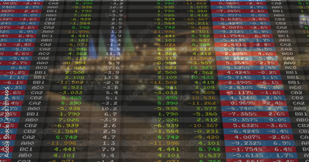 Poster displaying ticker panel in trading studio, showing color-coded stock codes and percentage changes