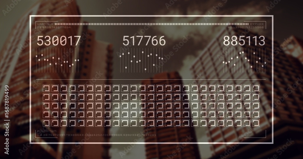 Aufkleber displaying hud panel projecting readouts over financial district, with bar charts and grid icons