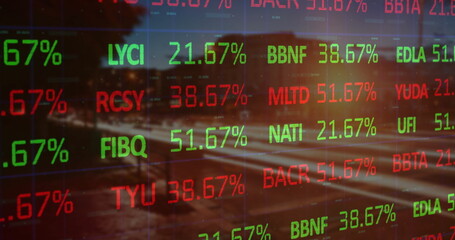 Digital stock ticker presenting percent figures in city street at night, with vehicle light trails