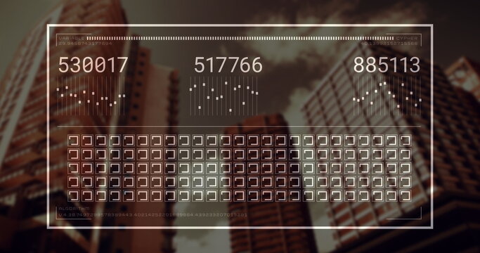Displaying HUD panel projecting readouts over financial district, with bar charts and grid icons