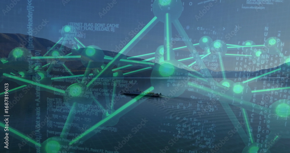 Poster displaying green molecular network overlaying sheltered bay, with naval vessel and code snippets