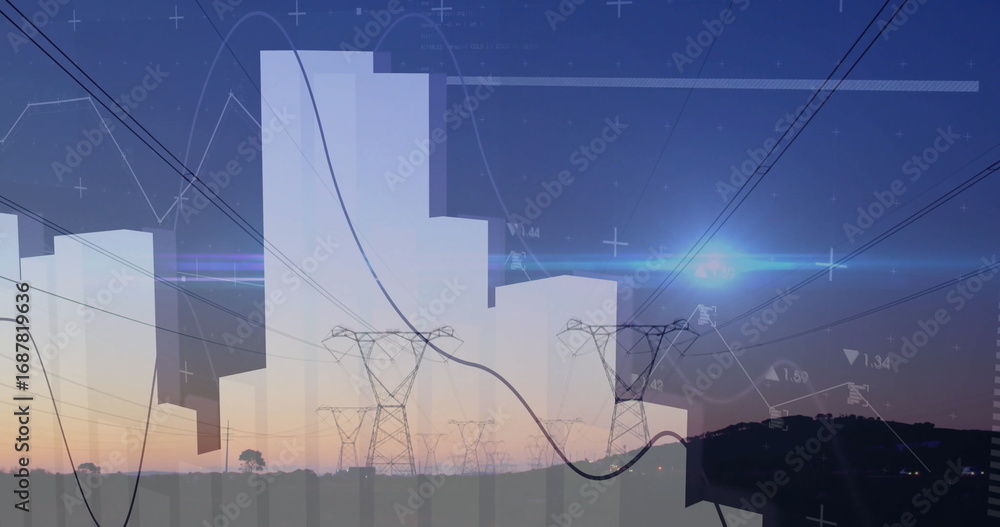 Poster Overlaying translucent bar charts and line graphs with numeric markers onto towers at rural dusk