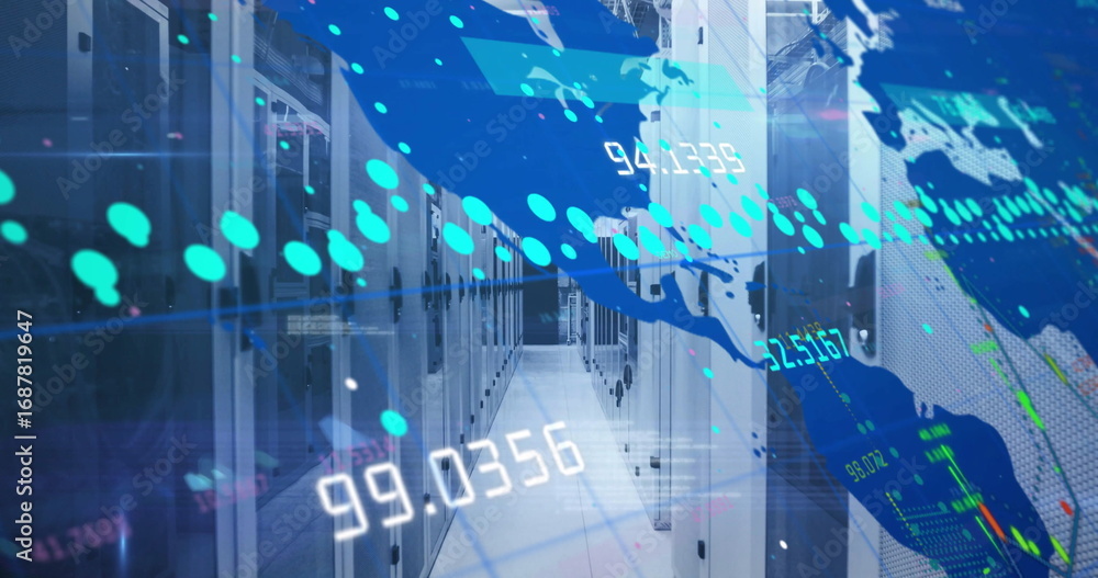 Aufkleber showcasing server cabinets lining datacenter aisle with led lights, world map data points and stats