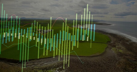 Translucent bars hovering above pasture, ocean waters on rocky coast, showing sine wave line graphs