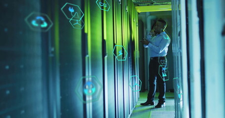 Inspecting technician making phone call in data center aisle, with server racks, icons, copy space