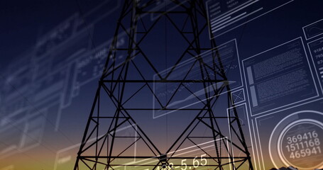 Standing lattice steel transmission tower monitoring field at dusk, with digital interface overlays