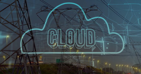 Hovering neon cloud outline glowing above highway at dusk, showing towers wires and streetlights