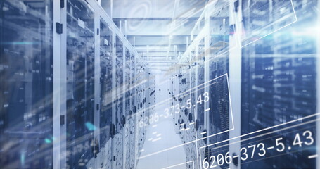 Displaying server cabinets hosting rack servers in data center, with digital overlays