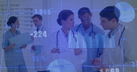 Medical team discussing clinical metrics in hospital corridor, with stethoscopes and data overlay