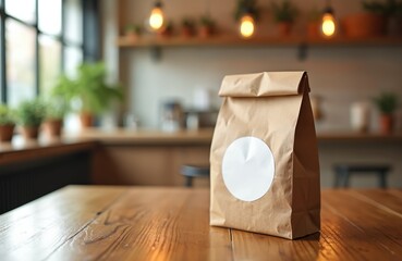 Brown paper bag with blank label rests on wooden table in cozy kitchen setting. Ideal for takeaway food or groceries, it emphasizes rustic, natural, and sustainable vibe for modern home cooking needs.