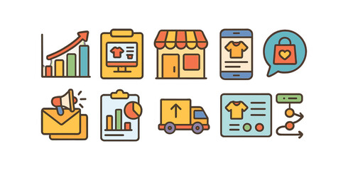 Ecommerce essentials icon set. shopping, business growth icons flat style collection
